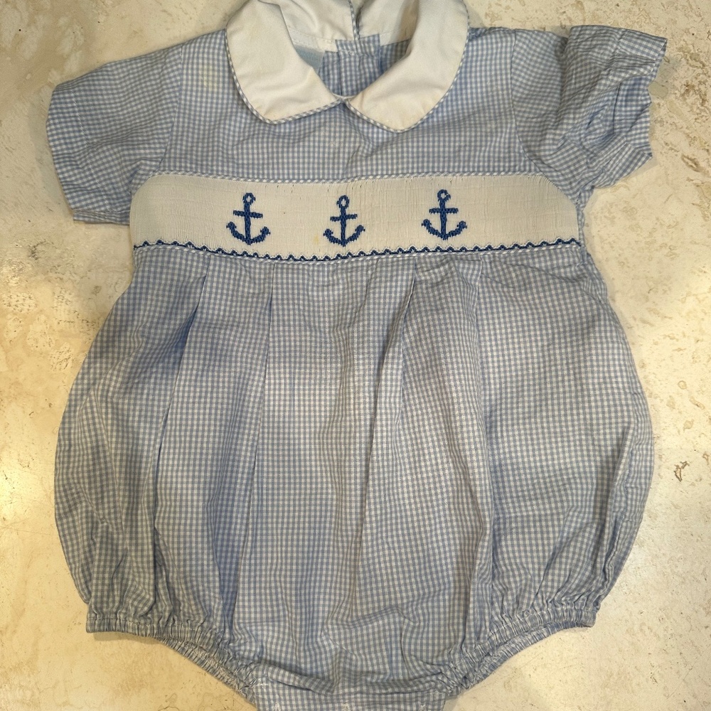 6-12 MO Gingham Bubble with smocking and sailboat embroidery